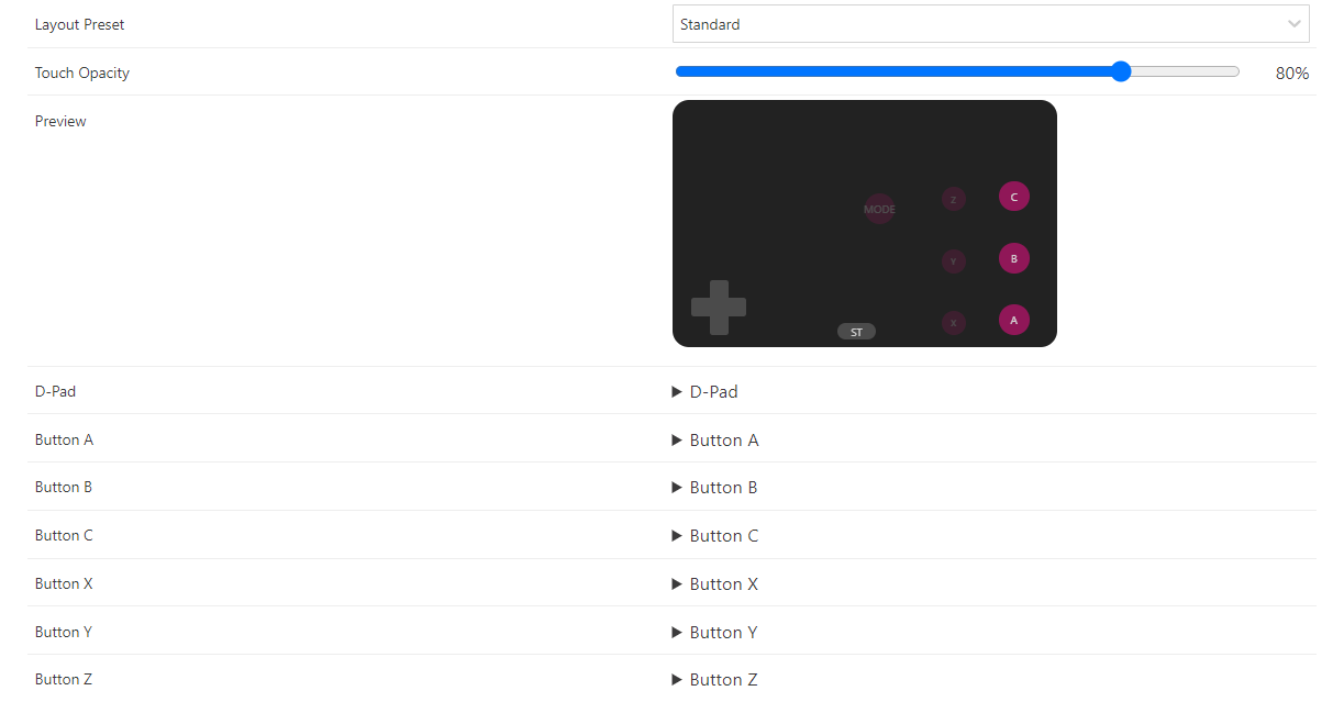 Touch Layout Standard Touch layout editor with standard preset